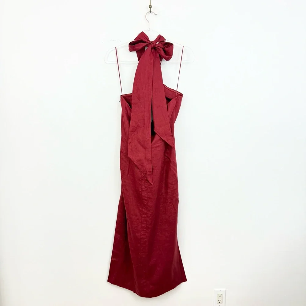 Joslin Studio Danielle Linen Midi Dress Cherry Red Cutout Halter NWT Size 10 - Picture 5 of 6